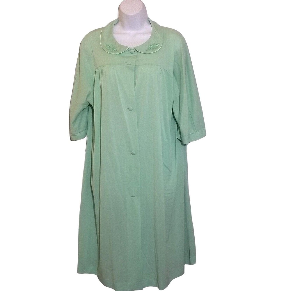 Lorraine Housedress Robe L Vintage 70s Green Knee Length Button Up Nylon